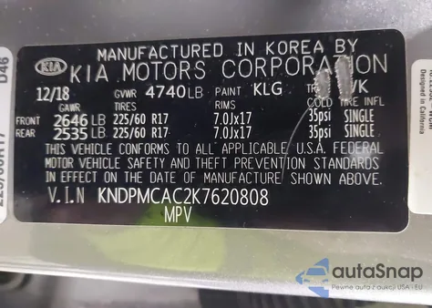 2019 Kia Sportage Lx z USA, uszkodzony, nr VIN KNDPMCAC2K7620808